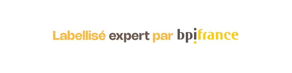 "labellisé expert par Bpifrance) et logo de Bpifrance en jaune et noir.